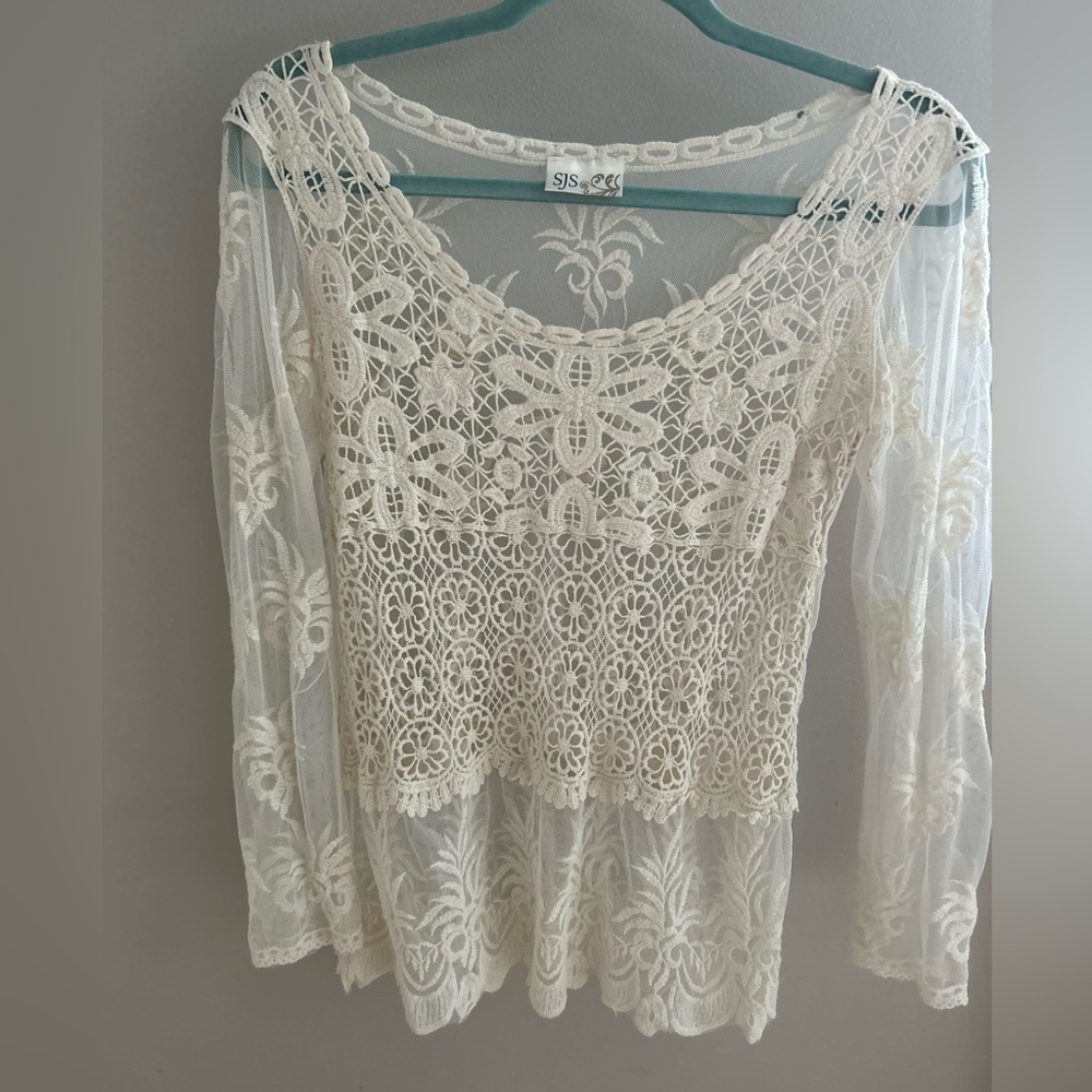 Ivory Crochet Lace Long-Sleeve Blouse